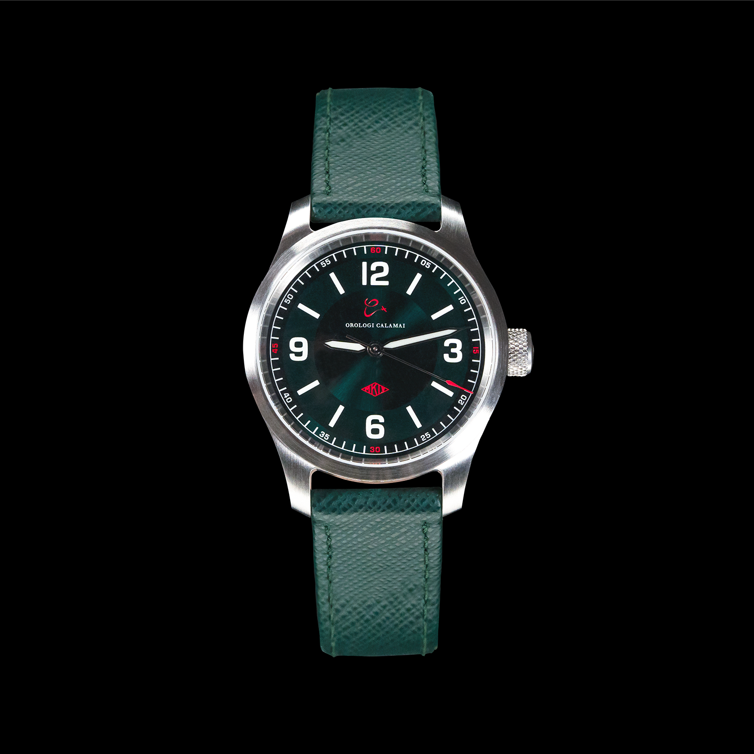Orologi Calamai MK IV Verde — vista frontale su sfondo nero